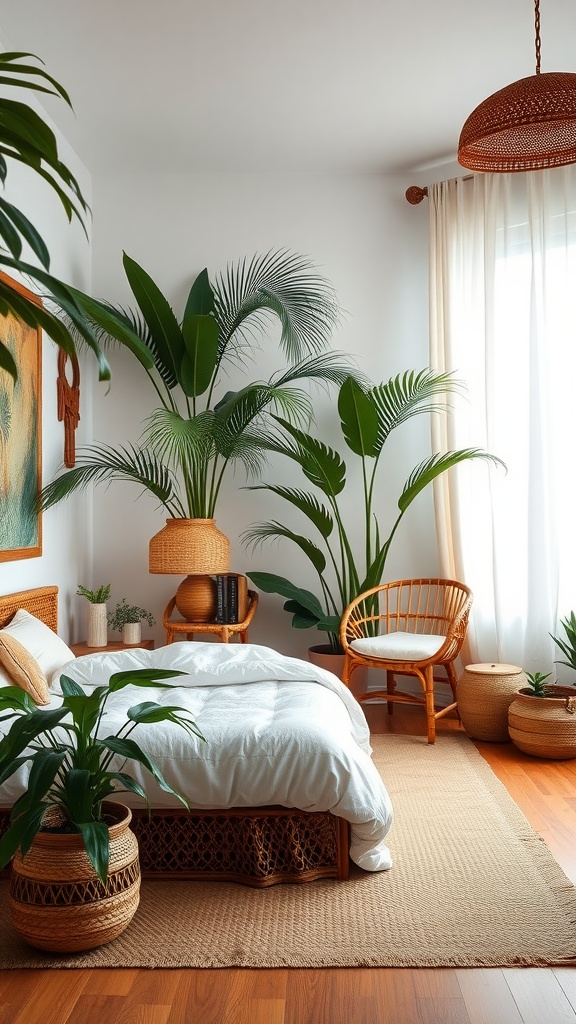 A cozy bedroom with rattan furniture and lush plants
