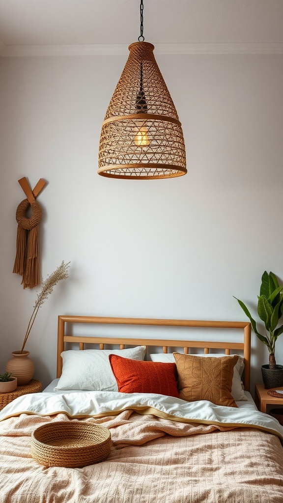 A rattan pendant light hanging over a bed with natural decor elements