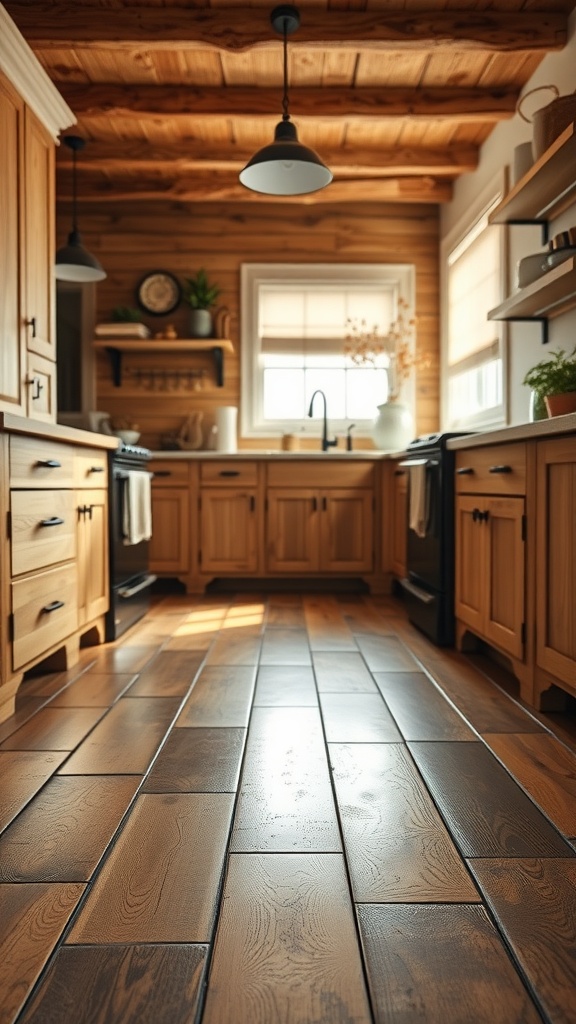 A kitchen with reclaimed hardwood flooring and wooden cabinets, showcasing rustic charm.