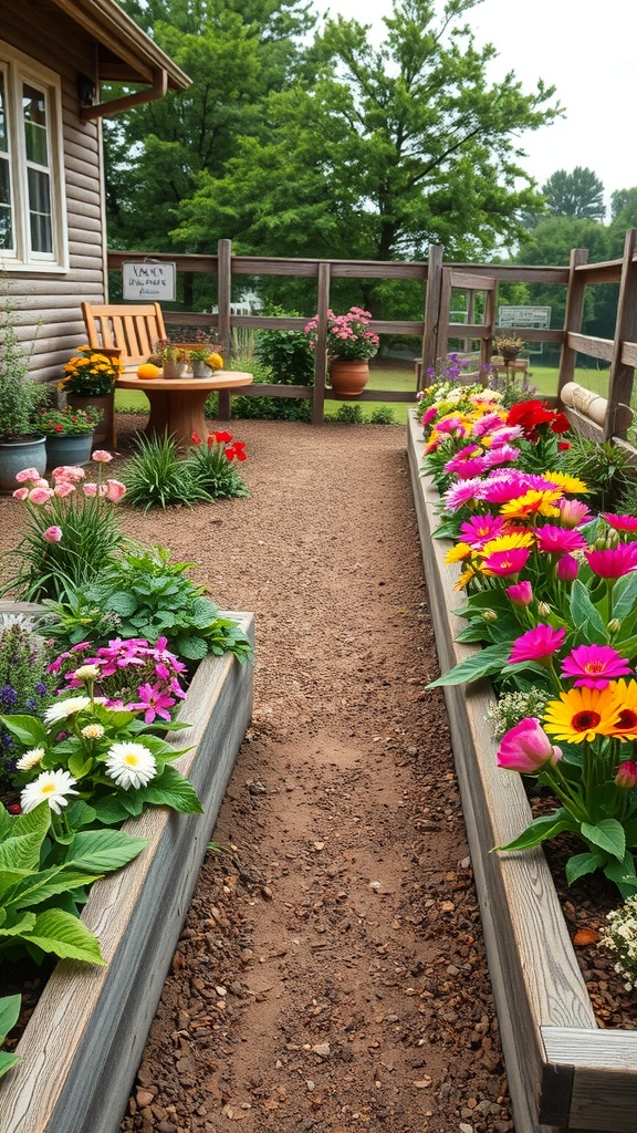 A garden path bordered by reclaimed wood filled with colorful flowers