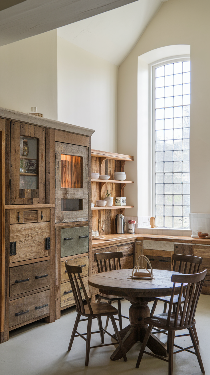 A cozy kitchen featuring reclaimed wood cabinets and a round wooden table.