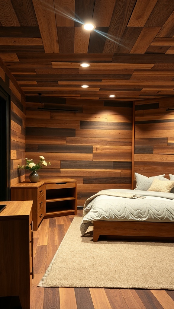 Cozy farmhouse bedroom with reclaimed wood features on walls and floor.