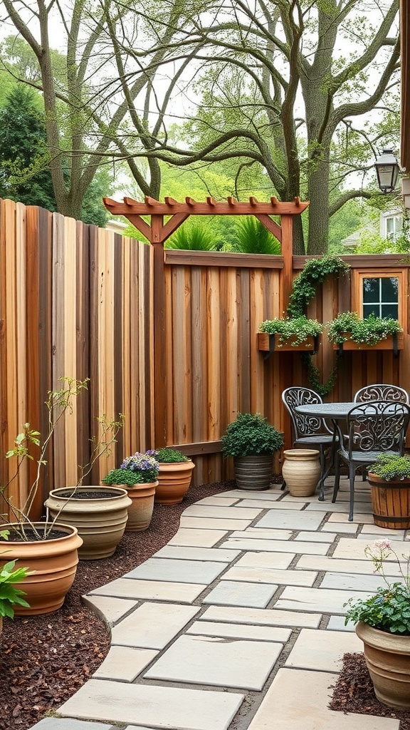 Cozy farmhouse patio with reclaimed wood fencing and a stone pathway