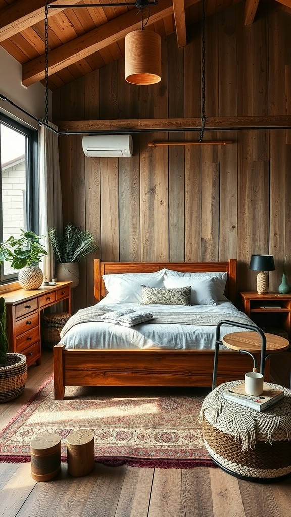 A cozy boho style bedroom featuring reclaimed wood furniture, including a bed frame and side tables, complemented by natural decor elements.
