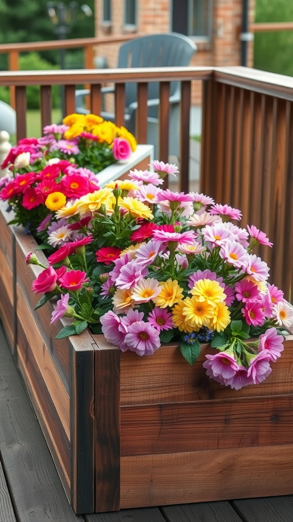Wooden planter box filled with colorful flowers