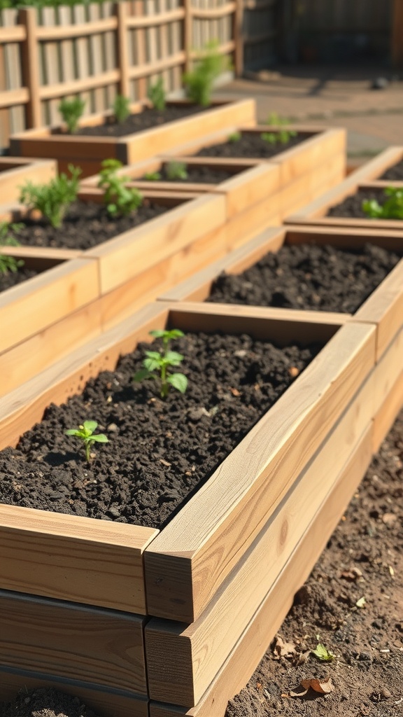 Wooden raised garden beds with soil and small plants in a sunny setting.