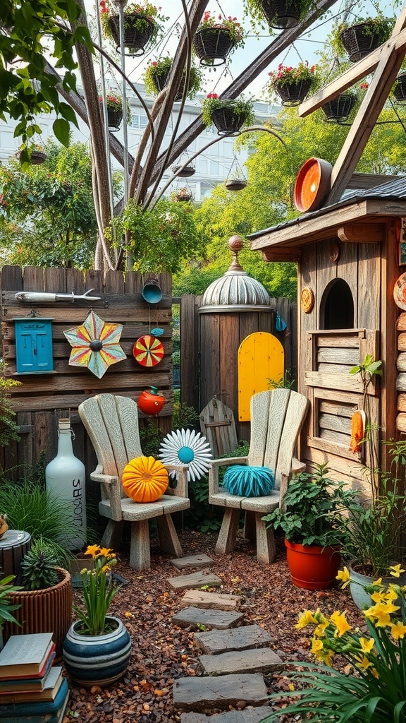A vibrant hippie garden featuring recycled art installations including colorful chairs, hanging flower baskets, and decorative elements.