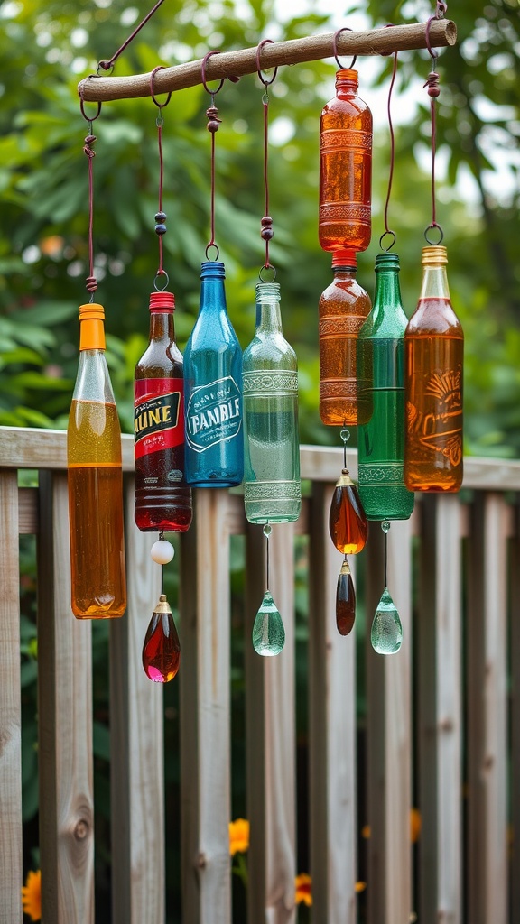 Colorful wind chimes made from recycled bottles hanging near a wooden fence
