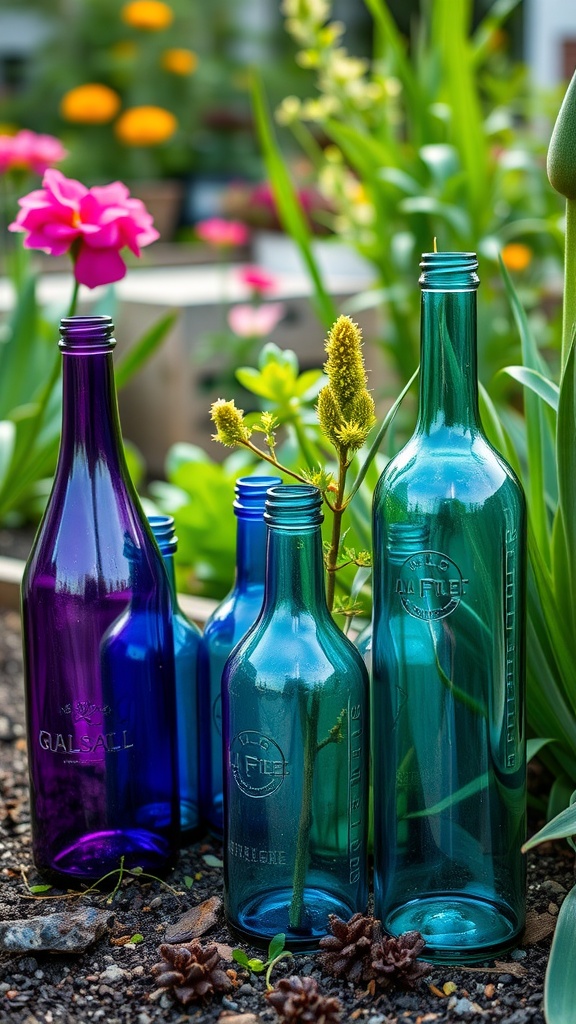 Colorful recycled glass bottles among greenery and flowers in a garden.