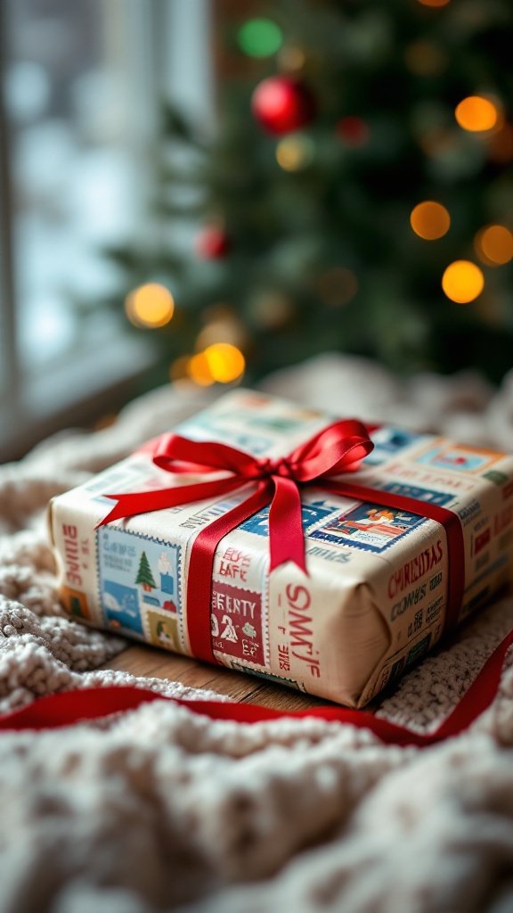 A beautifully wrapped gift in recycled newspaper with a red ribbon, placed on a cozy blanket near a holiday tree.