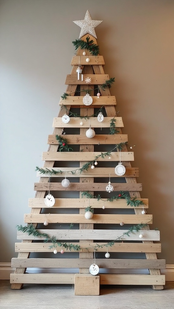 A Christmas tree made from recycled pallets, adorned with ornaments and a star on top.