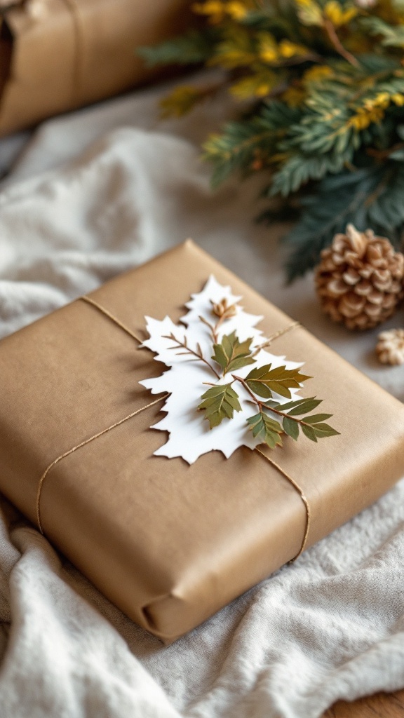 A beautifully wrapped gift with recycled paper and natural embellishments.