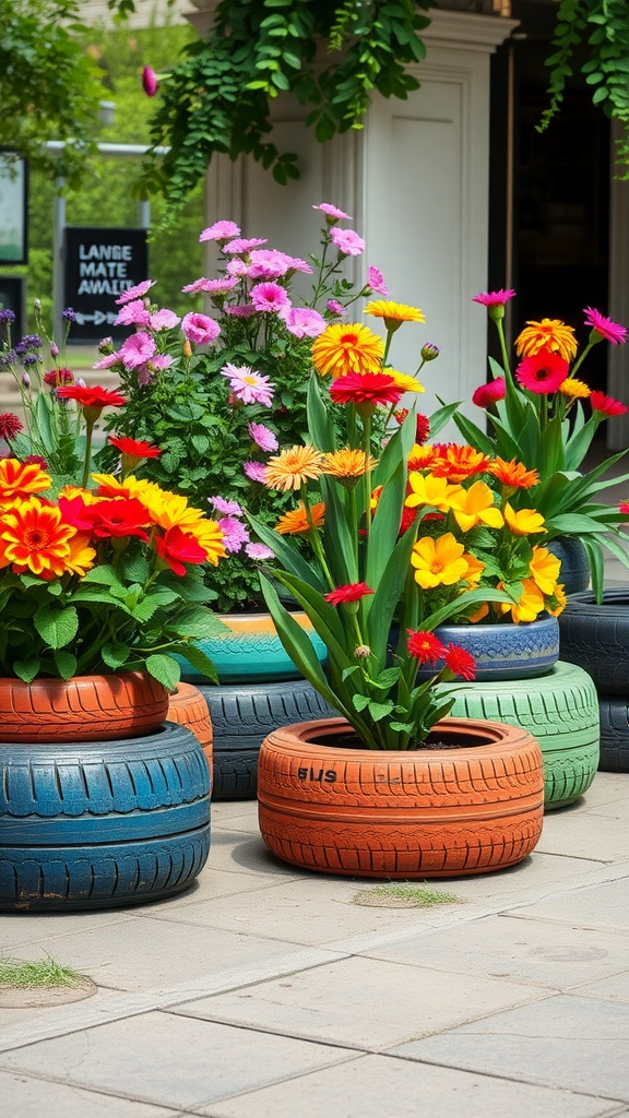 Colorful recycled tire planters filled with vibrant flowers in a garden setting.