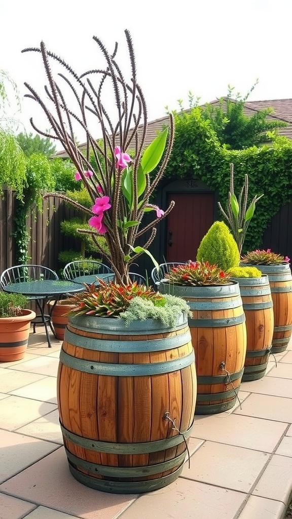 Recycled wine barrel planters with colorful plants on a patio