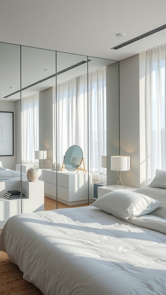 A modern bedroom featuring reflective surfaces, soft curtains, and minimalist decor.
