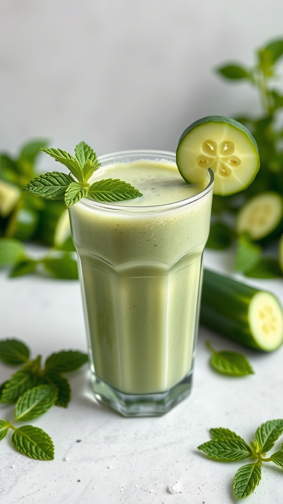 A refreshing cucumber mint smoothie garnished with mint leaves and a cucumber slice.