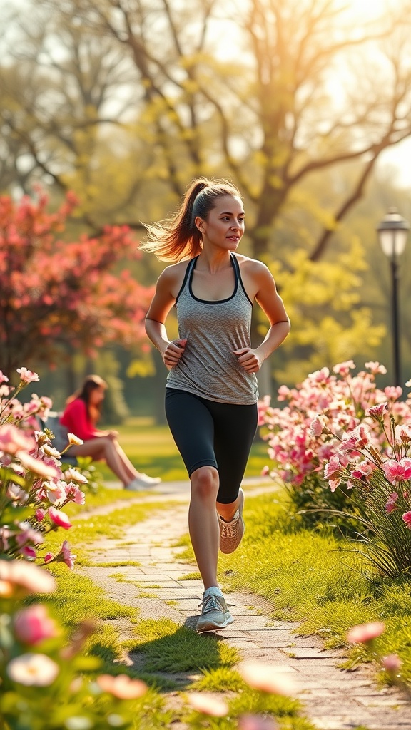 A woman jogging in a park surrounded by blooming flowers