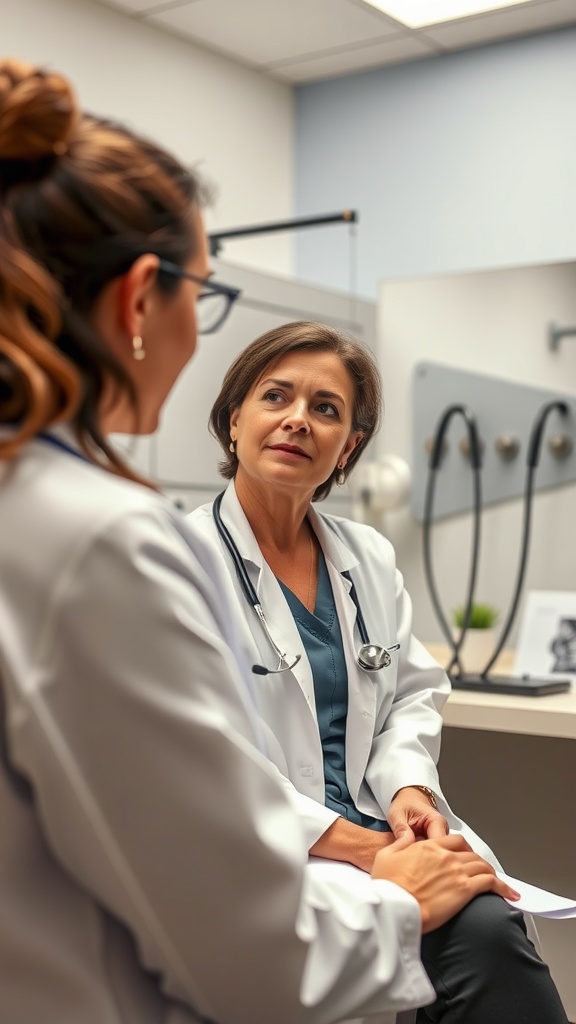 A doctor and patient having a conversation in a medical office.