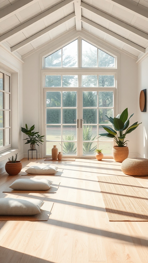 A bright and airy sunroom with large windows, floor cushions, and plants, creating a peaceful atmosphere for relaxation and meditation.