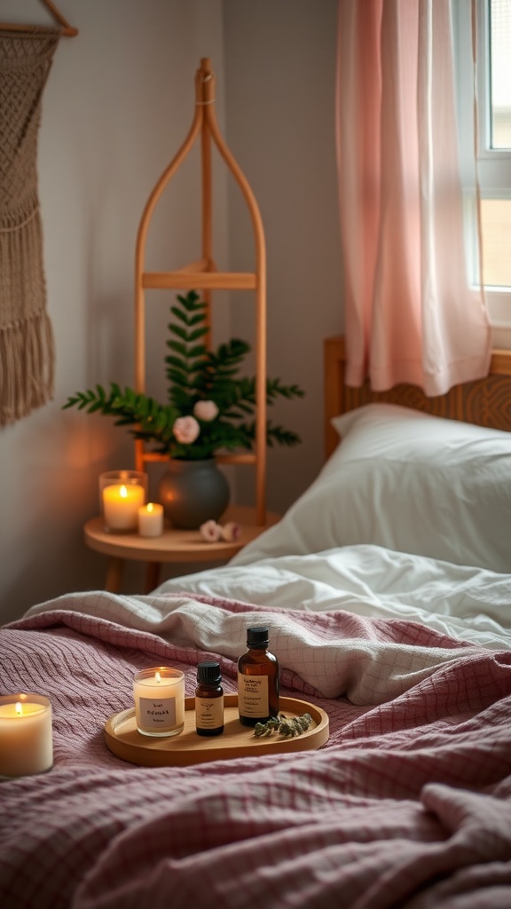 A cozy corner of a Boho style bedroom featuring candles, essential oils, and a plant.