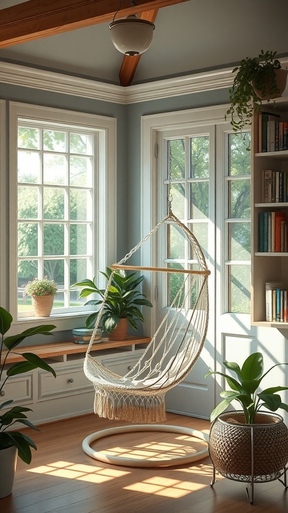 A cozy boho-style sunroom nook with a hanging chair surrounded by plants and natural light.