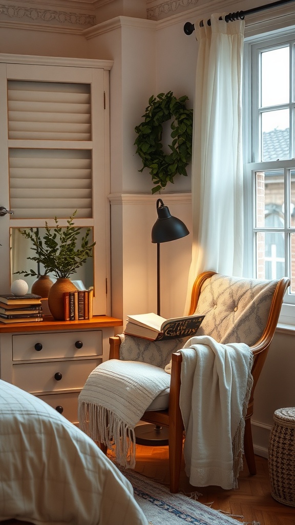 A cozy reading corner in a bedroom featuring a comfortable chair, a lamp, books, and decorative elements.