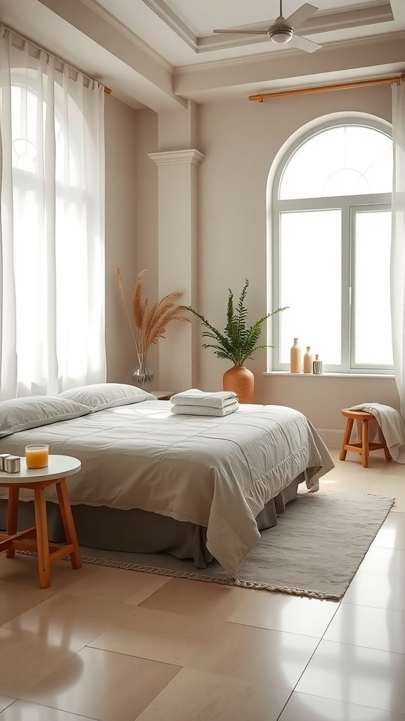 A relaxing spa-like bedroom with soft colors, featuring a neatly made bed, large window, and plants.