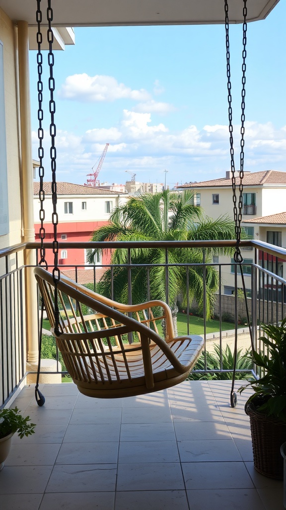 A cozy swing chair on a balcony with a view of palm trees and nearby buildings.