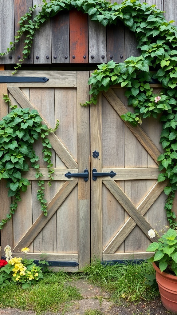 A pair of repurposed barn doors surrounded by green vines and colorful flowers in a garden