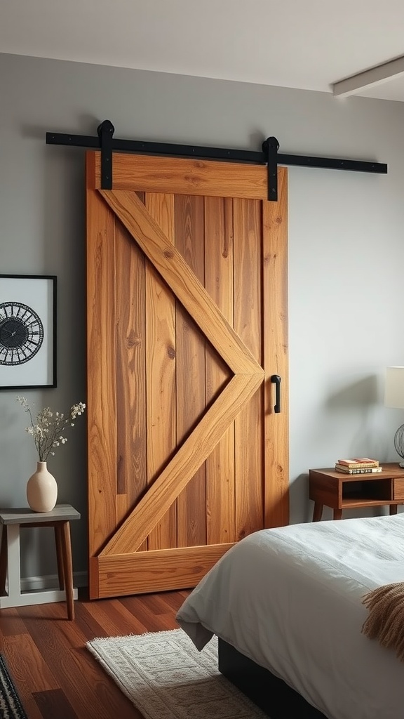 A beautifully crafted repurposed barn door in a farmhouse chic bedroom setting.