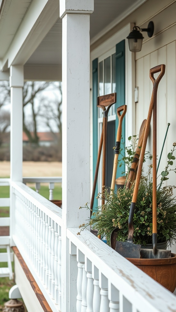 A collection of old farm tools leaning against a white wall on a cozy balcony.