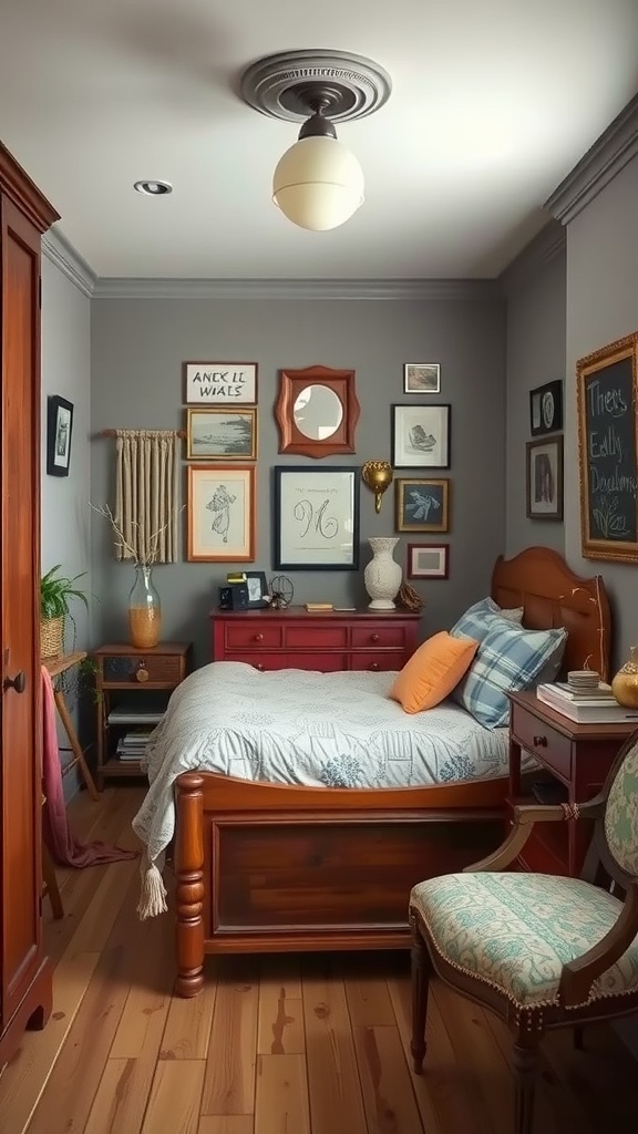 A cozy farmhouse bedroom featuring a wooden bed, colorful chest of drawers, and repurposed furniture in a small space.