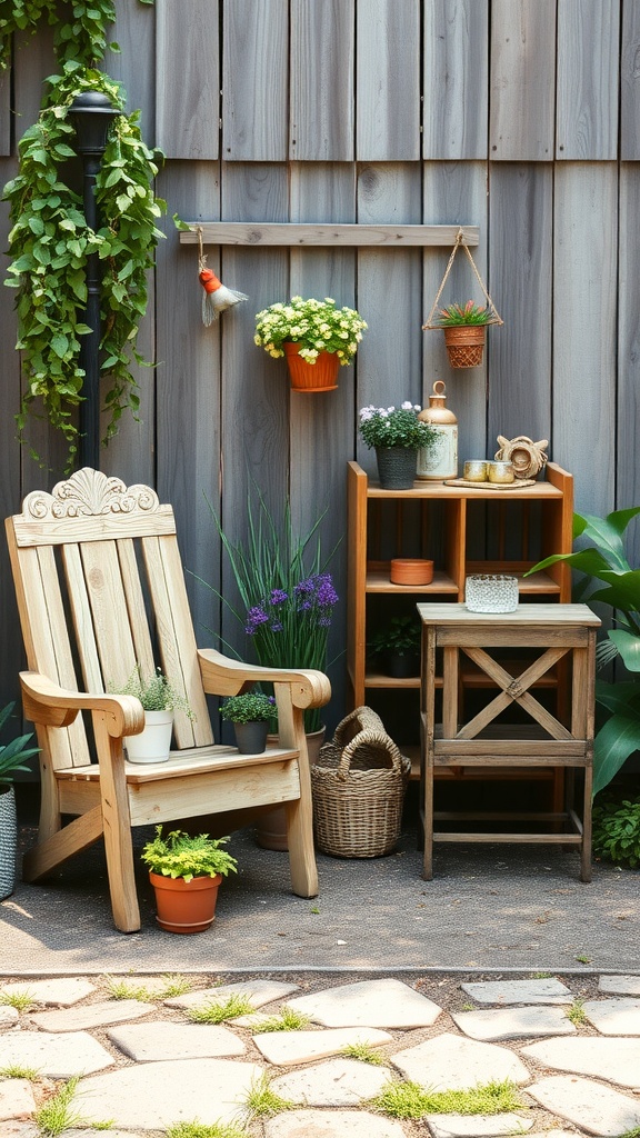 A cozy outdoor seating area with a wooden chair, small table, and potted plants, showcasing repurposed garden furniture.