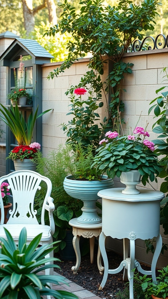 Garden featuring repurposed vintage furniture like a white chair and round table, surrounded by colorful plants and flowers.