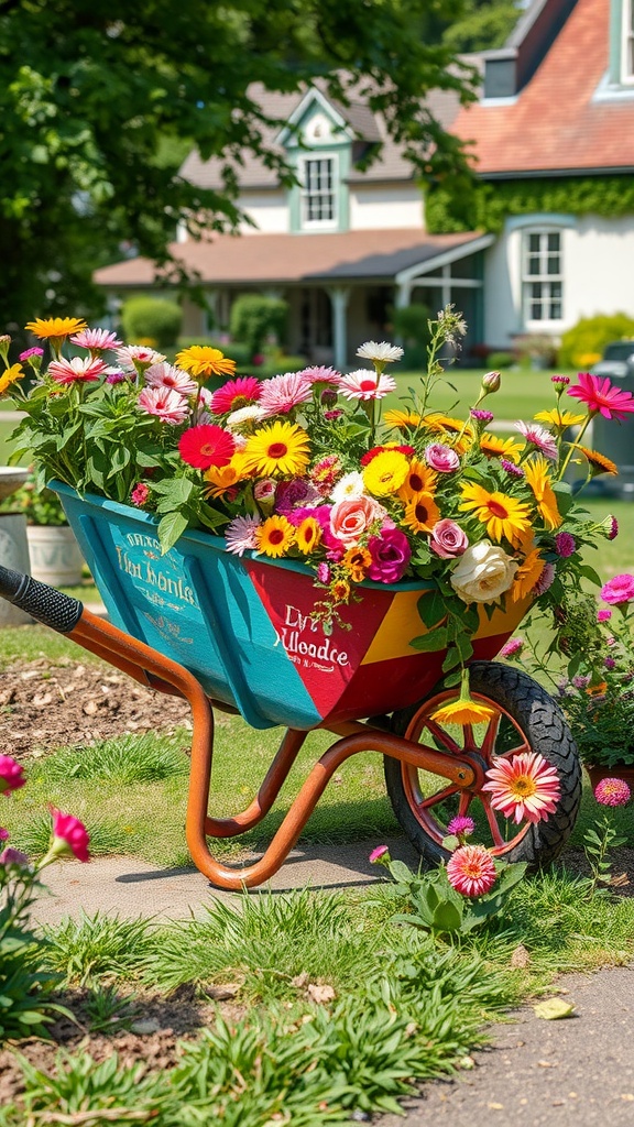 A colorful wheelbarrow filled with flowers in a garden setting