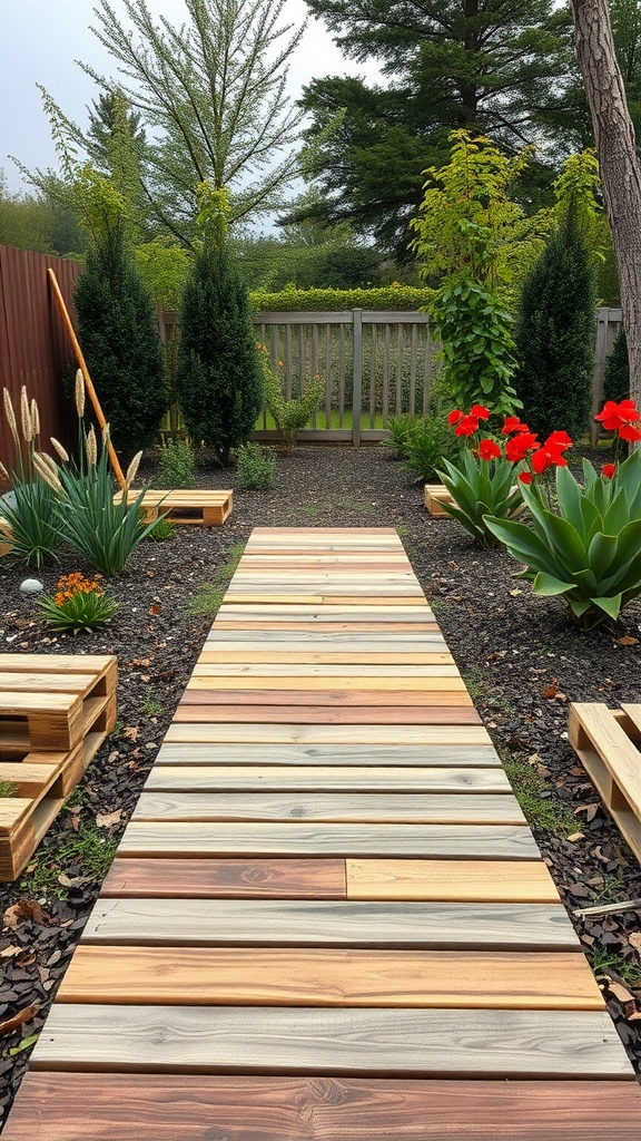 Wooden pathway made from repurposed pallets in a garden surrounded by green plants and flowers.