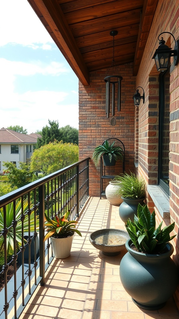 A cozy balcony with plants and wind chimes, surrounded by greenery and natural light