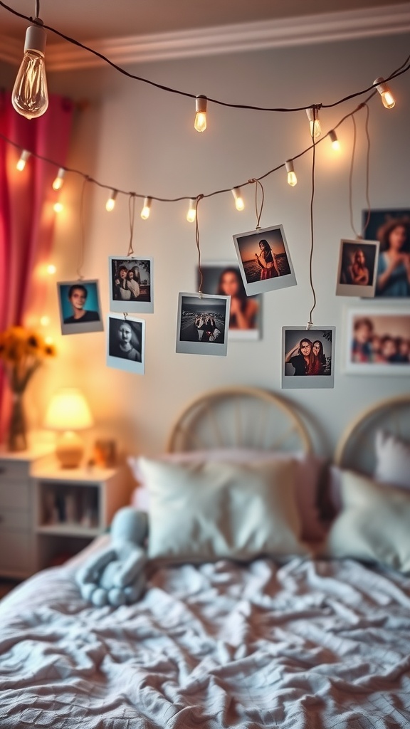 A cozy bedroom with a bed, lights, and hanging Polaroid photos.
