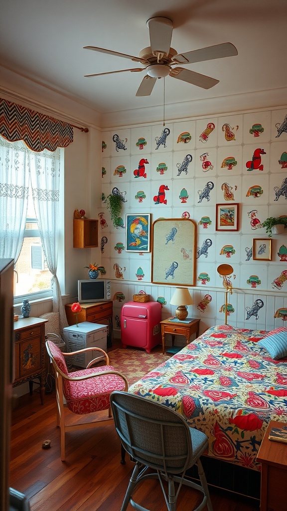 A retro-themed bedroom with colorful wallpaper, a floral quilt, vintage furniture, and bright natural light.