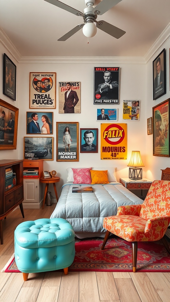 A retro-style bedroom with vintage posters on the walls, featuring a gray bedspread, colorful furniture, and warm lighting.