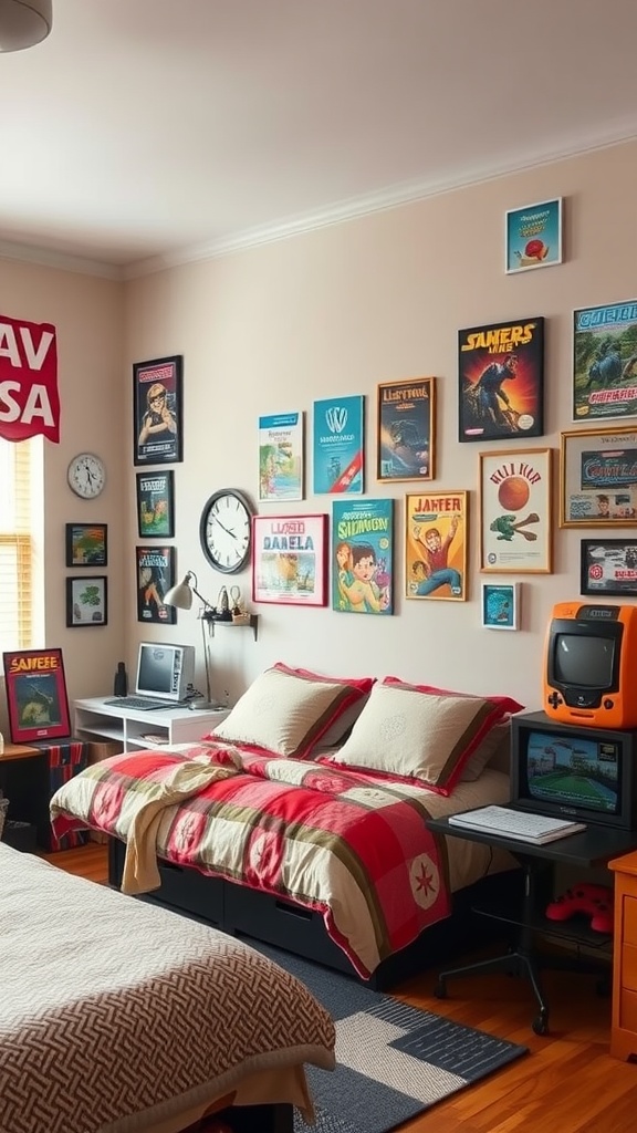 A boy's bedroom decorated with retro video game art, featuring framed game posters and a vintage gaming console.