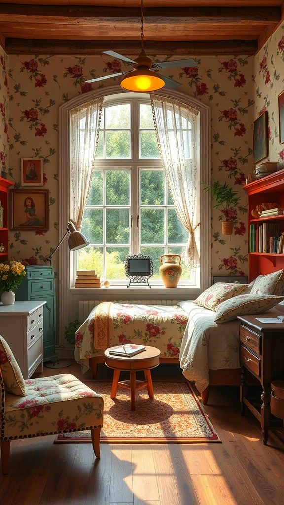 A cozy retro vintage bedroom with floral wallpaper, a bed with soft linens, a small table, and natural light from the window.
