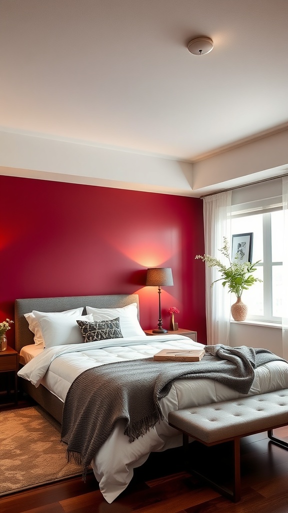 A cozy bedroom featuring a rich burgundy accent wall, soft bedding, and warm wooden furniture.