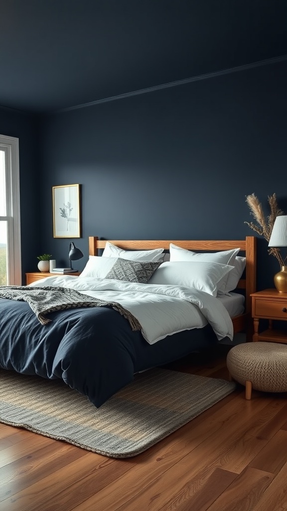 Farmhouse bedroom featuring rich navy walls, wooden furniture, and cozy bedding.