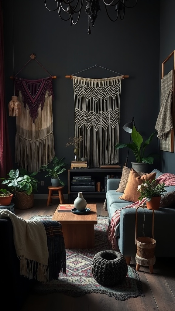 A dark boho living room featuring rich textures, layered fabrics, and plants.