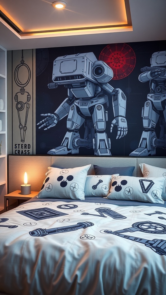 A boys bedroom featuring a robot mural on the wall and playful bedding designs.