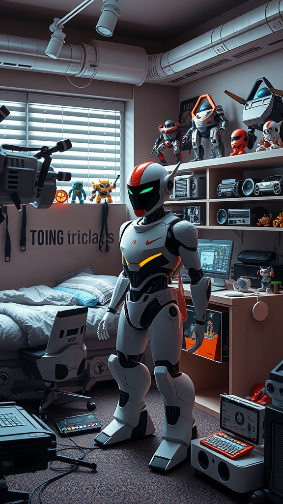 A boy's bedroom featuring a robot and various tech gadgets, showcasing a playful and futuristic decor style.