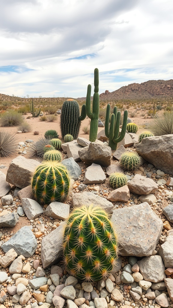 A landscape featuring various cacti among rocks, showcasing a rock garden design.