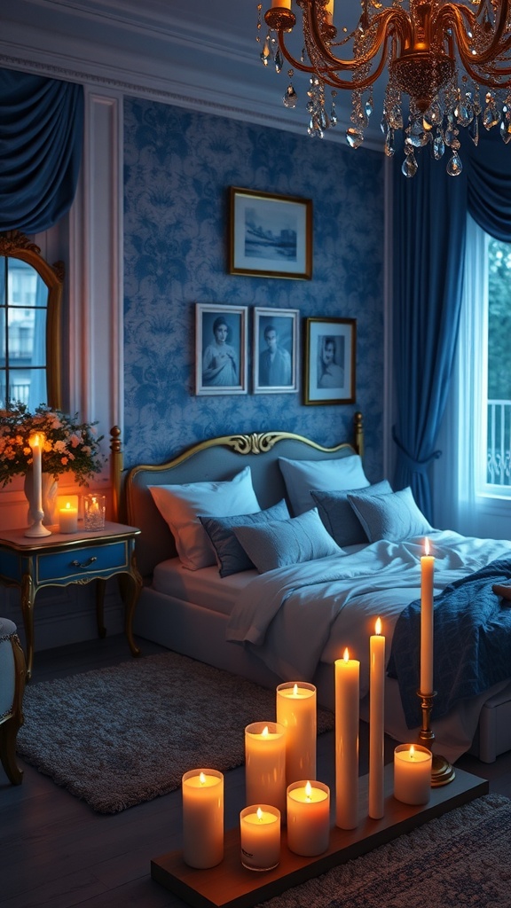 A cozy bedroom with candles, blue wallpaper, and gold accents.