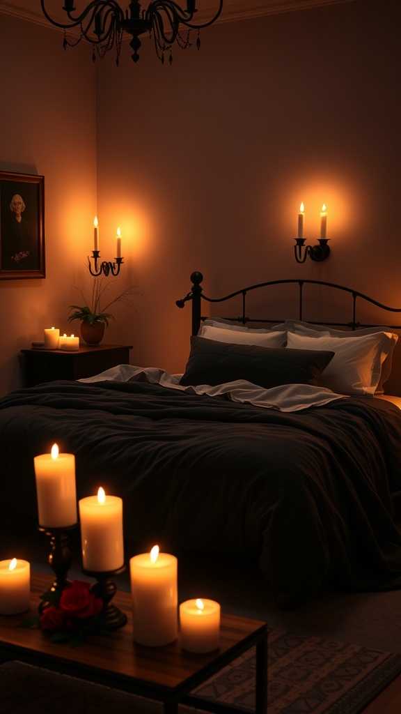 A dark and moody bedroom with candlelight ambiance